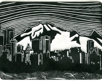 linocut relief print Skyline (Vancouver BC) limited edition
