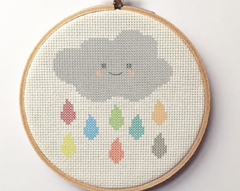 Happy Cloud Rainbow raindrops counted cross stitch pattern easy design - Cross Stitch Pattern (Digital Format - PDF)