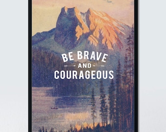 Sé valiente y audaz. Póster de estilo vintage con montañas y lago. IMPRIMIBLE para DESCARGAR.
