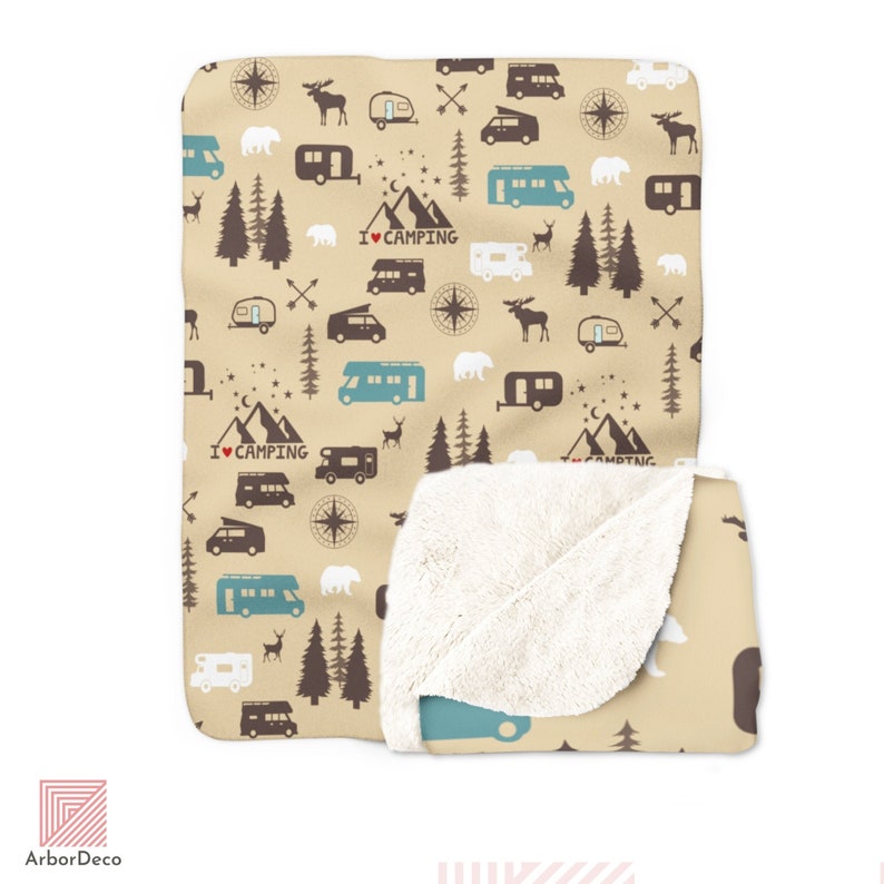 Retro Camper Throw Blanket Cozy Minky Campfire Blanket With Sherpa