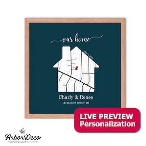 Gepersonaliseerde huiskaart - houten lijst - matte print: aangepaste naam, nieuw huis, eerste huiscadeau, jubileumcadeau, eerste date