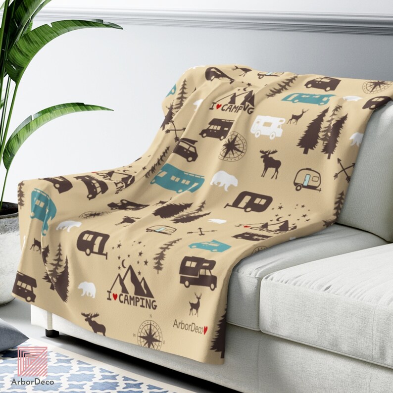 Retro Camper Throw Blanket Cozy Minky Campfire Blanket With Sherpa Backing Cream & Brown Etsy