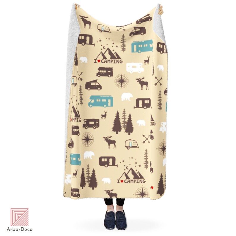 Retro Camper Throw Blanket Cozy Minky Campfire Blanket With Sherpa