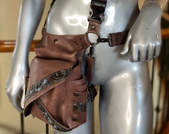 Conceal Carry Brown and Teal Leather Purse // Concealed Carry Leg Harness // Fanny Pack
