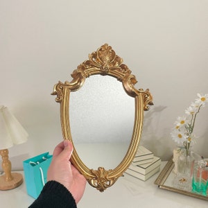 Ornate Gold Frame Wall Mirror / Antique style gold mirror tray / Golden carving vanity decor tray / Gold oval vintage style mirror tray