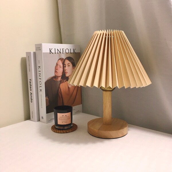 Wood pleated lamp / Wooden mushroom table lamp / desk lamp / pleated shade / minimal table lamp