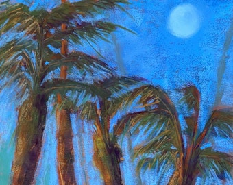 Pintura em pastel de palmeira costeira: arte paisagística do nascer da lua