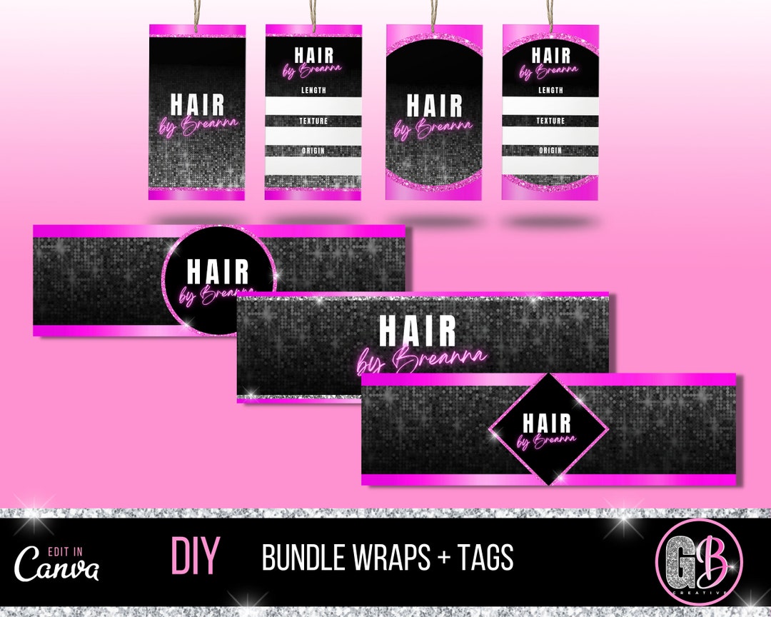 Hair Bundle Wraps Hang Tags Hair Hang Tags Hair Templates Pink Glitter