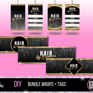 Hair Bundle Wraps - Hang Tags - Hair Hang Tags - Hair Templates - Gold Glitter - Hair Bundle Tags - Hair Branding Kit - Bundle, GB01