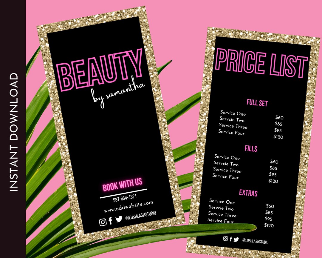 Price List Template - Printable Salon Price List Menu - DIY Lash Price ...
