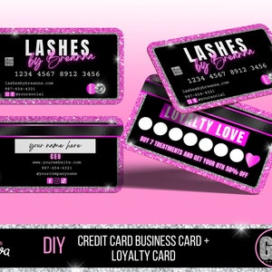 Kreditkarte Visitenkarten Design, Treuekarten Vorlage, Schönheit, Wimpern, Nägel, Haare, Salon, Bündel, Makeup, Brauen, Rosa, Glitzer, GB03
