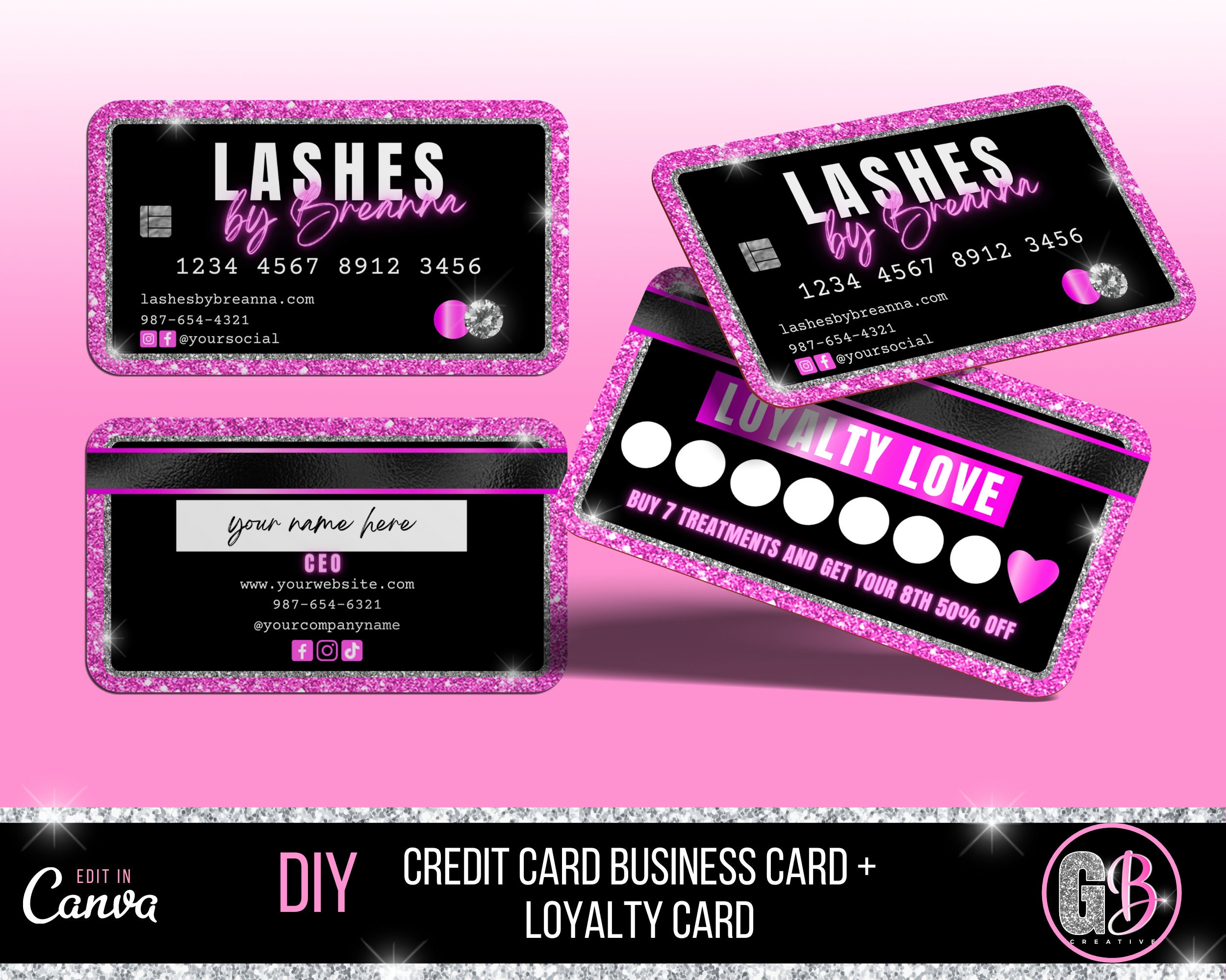 Credit Card Business Card Design, Loyalty Card Template, Beauty, Lash, Nails, Hair, Salon, Bundles, Makeup,Brows, Pink, Glitter, GB03