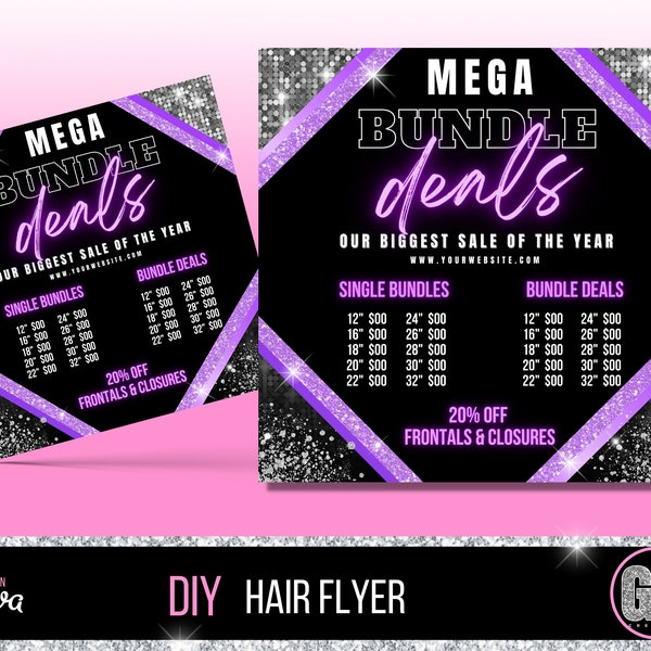 Hair Bundles Flyer, DIY Hair Flyer Template, Hair Bundle Flyer, Sale Flyer, Wig Price List, Instagram Flyer, Purple, Premade - GB04