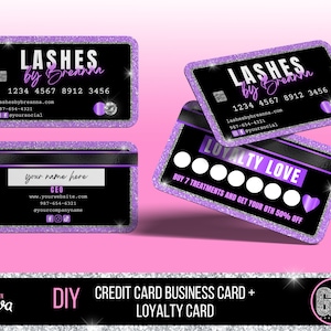 Kreditkarte Visitenkarten Design, Treuekarten Vorlage, Schönheit, Wimpern, Nägel, Wachsen, Haare, Salon, Makeup, Brauen, Lila, Glitzer - GB04