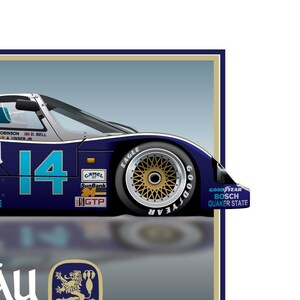 May include: A blue and white race car with the words "Löwenbräu Special Porsche 962" on the side. The car has the number "14" on the door and is sponsored by Quaker State.