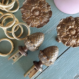 Vintage French Bronze Pineapple Acorn Curtain Pole Ends, Ornate Curtain Tie Backs and Brass Curtain Rings