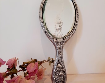 Vintage Art Nouveau Silver Plated Hand Mirror: French Floral Design