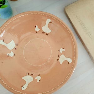 Vintage French Terracotta Cassoulet Bowl with Peach Glaze and Hand painted Duck Design, Handmade Glazed Stoneware Large Serving Bowl