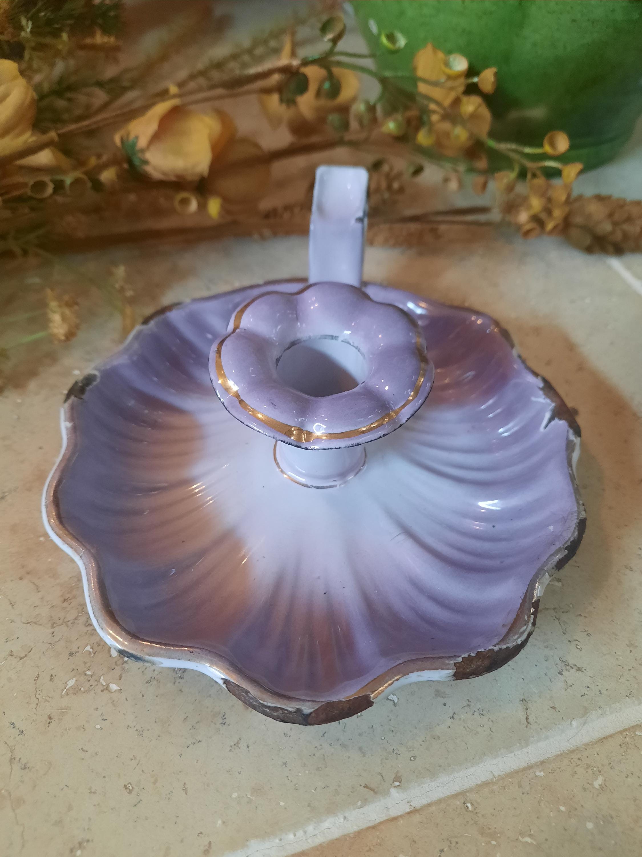 Ancien Bougeoir à Main Émaillé – Décor De Fleurs – Émail – Collection Déco