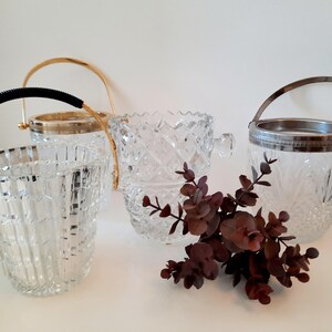 Charming Collection of French Vintage Crystal Glass Ice buckets with Metal handles, Vintage Barware, Ornate Glass Ice buckets