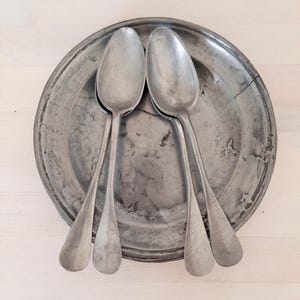 Four French Antique Pewter Plates, Antique French Pewter Dinnerware. Heavy Antique Plates