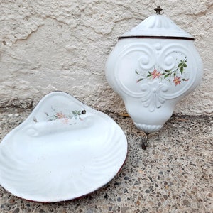 Vintage French Enamel Water Fountain with Floral Design, Hand Painted Enamel Water Fountain, Vintage Kitchen or Garden Decoration