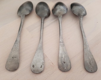 Antique French Pewter Spoons: Initialed, Ornate, Heavyweight