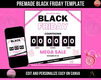 May include: A pink and black Black Friday sale template with a countdown timer, the text "30% off site wide", and the words "Black Friday" and "Mega Sale".