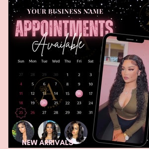 以下が含まれることがあります： ピンクの文字で「Appointments Available」と書かれた白黒の予定表。カレンダーは7月で、16日がピンクで強調表示されています。背景には、緑色のシャツを着て、長い黒髪をした女性が映っている携帯電話の画面があります。