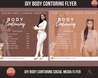 Könnte beinhalten: Ein Flyer, der Body-Contouring-Dienstleistungen bewirbt. Der Flyer zeigt eine Frau in einem weißen Body und eine Liste von Dienstleistungen mit Preisen. Der Text auf dem Flyer lautet "DIY Body Contouring Flyer" und "DIY Body Contouring Social Media Flyer".