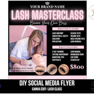 Trainingssjabloon wimperverlenging voor beginners | Flyer voor wimpertraining | lash class-flyer | Bewerkbaar in canvas