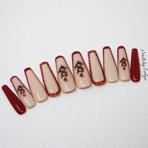 Red Diamond Dragon Nails Coffin Nails Red Nails Bling Etsy