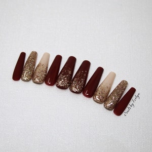 Red Gold Glitter Nails, Coffin Nails, Gold Nails, Bling Nails, Press On Nails