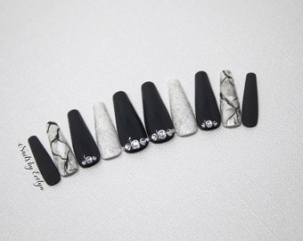 Gray Diamond Marble Nails, Coffin Nails, Gray Marble Nails, Bling Nails, Press On Nails