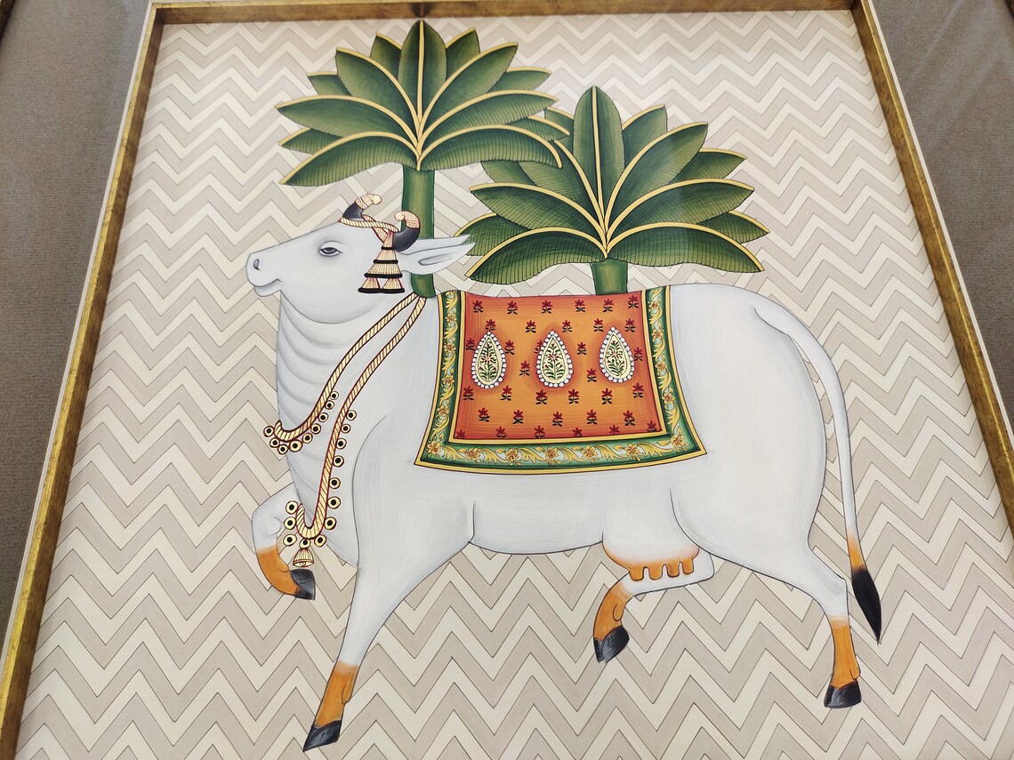 Handmade Pichwai Cow Kamdhenu painting on paper. Painting for Etsy