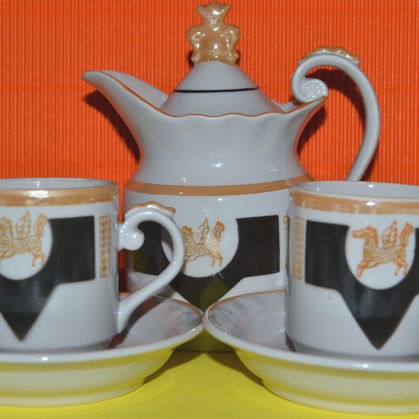 Coffee Pot Cups Golden Pegasus Ceramic Service for 2 Persons Vintage Rarity Set 5 pcs Sumy Porcelain Factory Ukraine 1970s