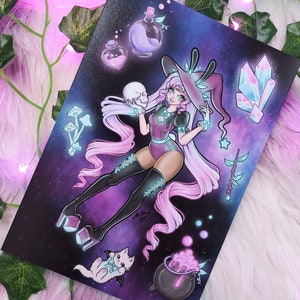 May include: A digital illustration of a witch with pink hair and a black hat, holding a skull. The witch is wearing a black and white outfit and is surrounded by stars, crystals, and other magical elements. The background is a dark purple and blue gradient.