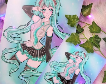 May include: Two prints of a digital illustration of a female anime character with long turquoise hair, wearing a black and white outfit with a turquoise bow tie. The character is making a peace sign with her right hand. The background is a gradient of blue and purple. The text "Ahai lan luncia" is written in gold at the bottom of the print.