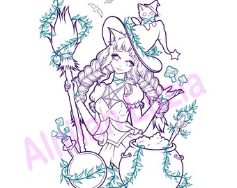 Witch (2 versions) &lt;3 - Digital colouring page (png)