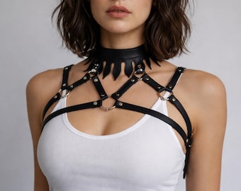 Fire Age Leather chest Harness Choker Set,Black Gothic Body belt, Burningman Festival Rave Outfit rock girls harness