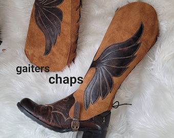 Custom Leather Half Chaps: Phoenix Embroidery Studded Cowboy Gaiters spats leg warmer for boots