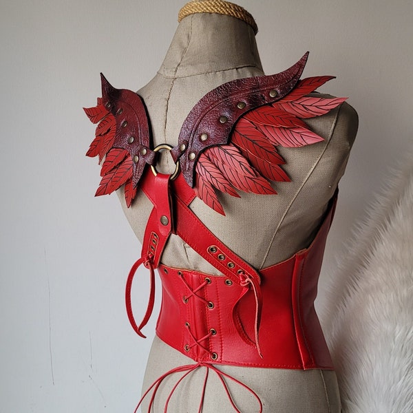 Womens red leather lace up underbust corset bustier with wings fantasy style girls costume. Geniune  cross bodice chincher blood witch