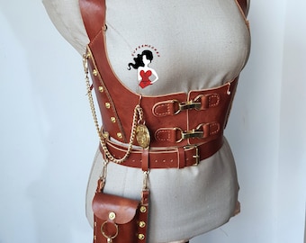 Conjunto de cuero estilo steampunk, sujetador tipo corsé, cinturón para teléfono y bolero