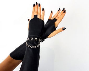 Leather Fingerless Gauntlet: Cosplay Glove Metal Chain Detail Women Gothic Ren Faire Long Gloves