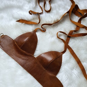 Reddis Brown Leather Halter Crop Top: Festival Bustier Bra Clubwear costume harness triangle summer
