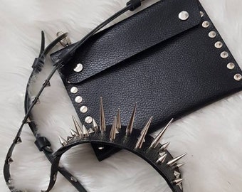 Leather crossover bag with metal spikes . Spiked Shoulder pad jewellery. Rocker gothic dark style. Goth epaulettes.gift for christmas