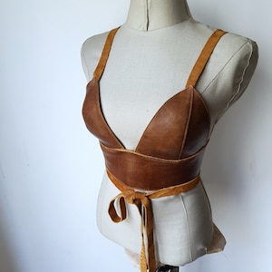 Brown Leather Bustier Bra Festival Burning Man outfit Handmade Lingerie Top for Boho top festival womens y2k crop top Summer Corset Bra