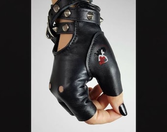 Womens Black Leather Fingerless Gloves: Gothic Punk rave rocker biker Festival Accessory