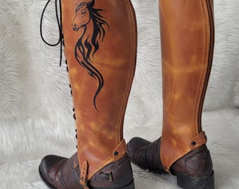 Leather Half Chaps Equestrian Leg Armor, Leather rider Gaiters, Horse Riding Chaps, Festival Renaissance outfit