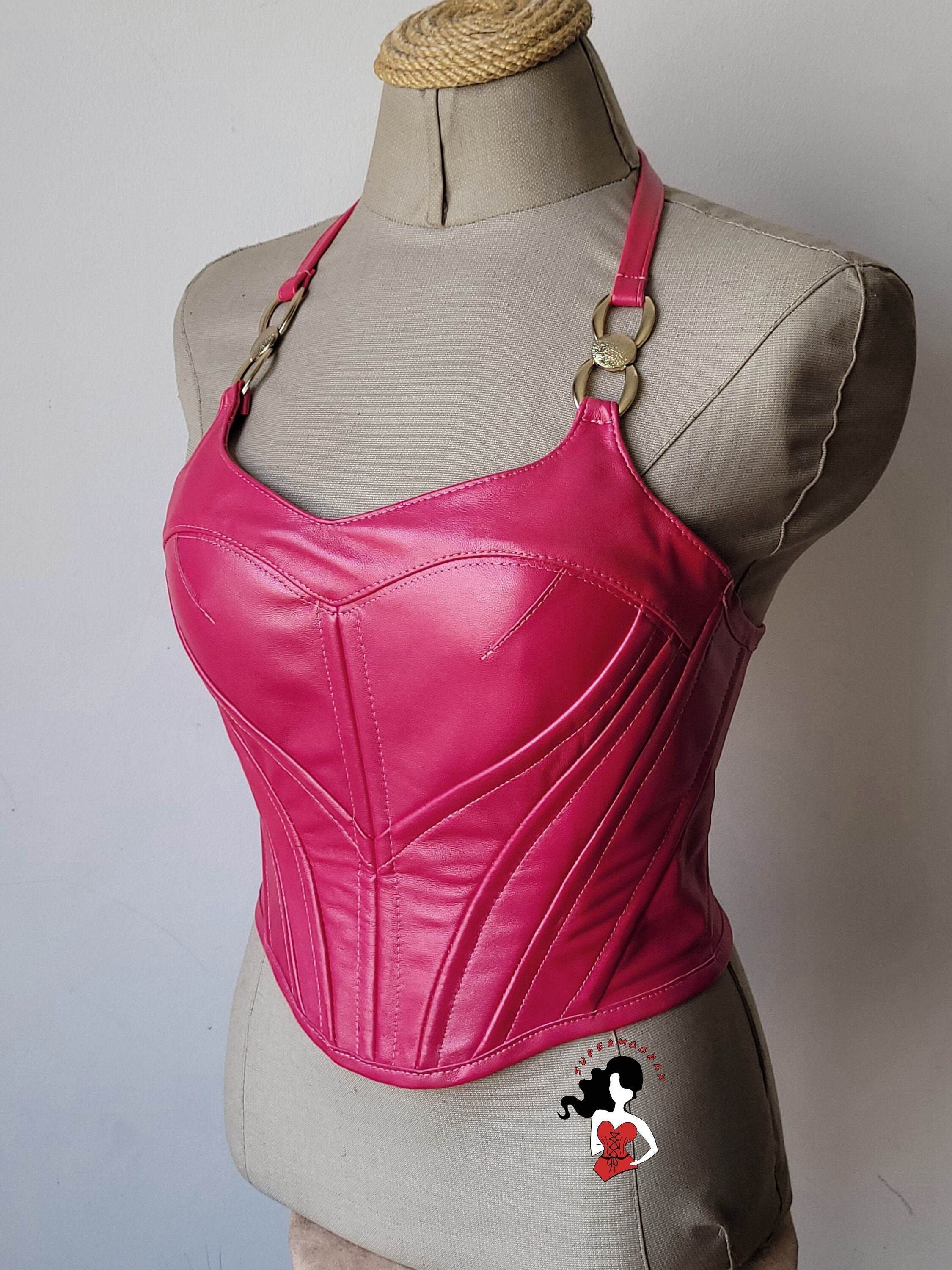 Candy Pink Leather Overbust Corset Halter Top: Cosplay Party Wear Womens doll fair ceremony